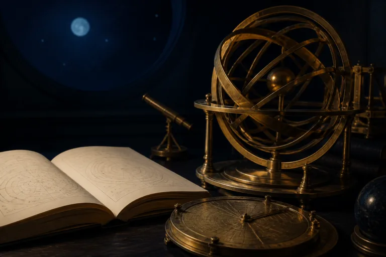 Esfera armilar de latão e livro aberto em um observatório noturno; ilustração criada com IA.