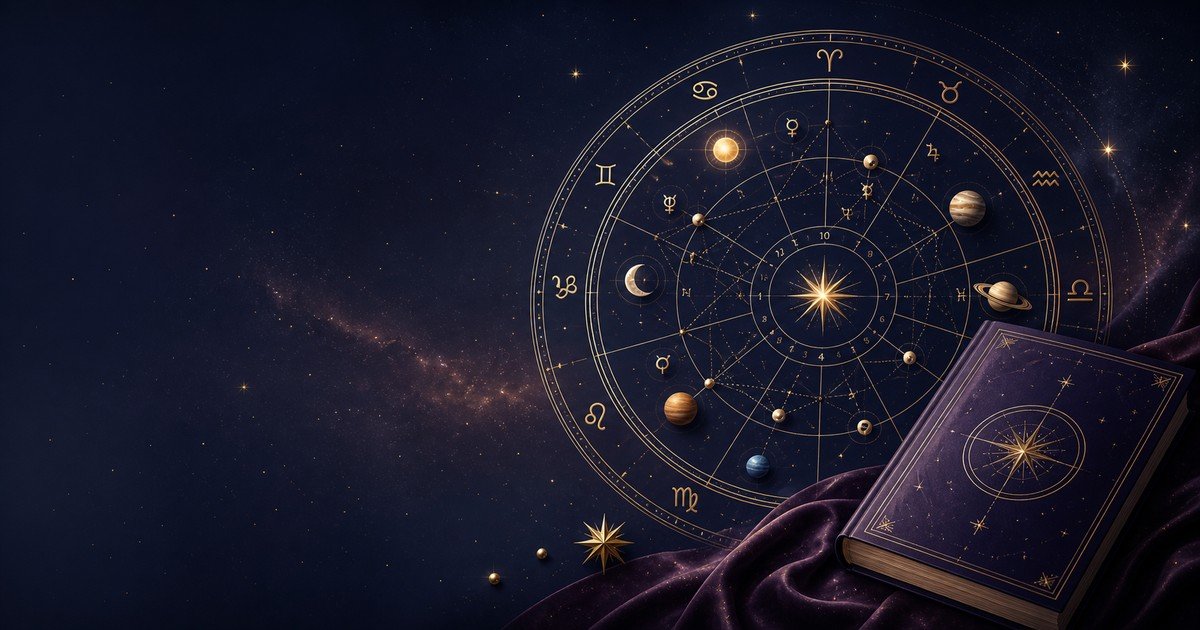 Livro astrológico ao lado de uma mandala zodiacal