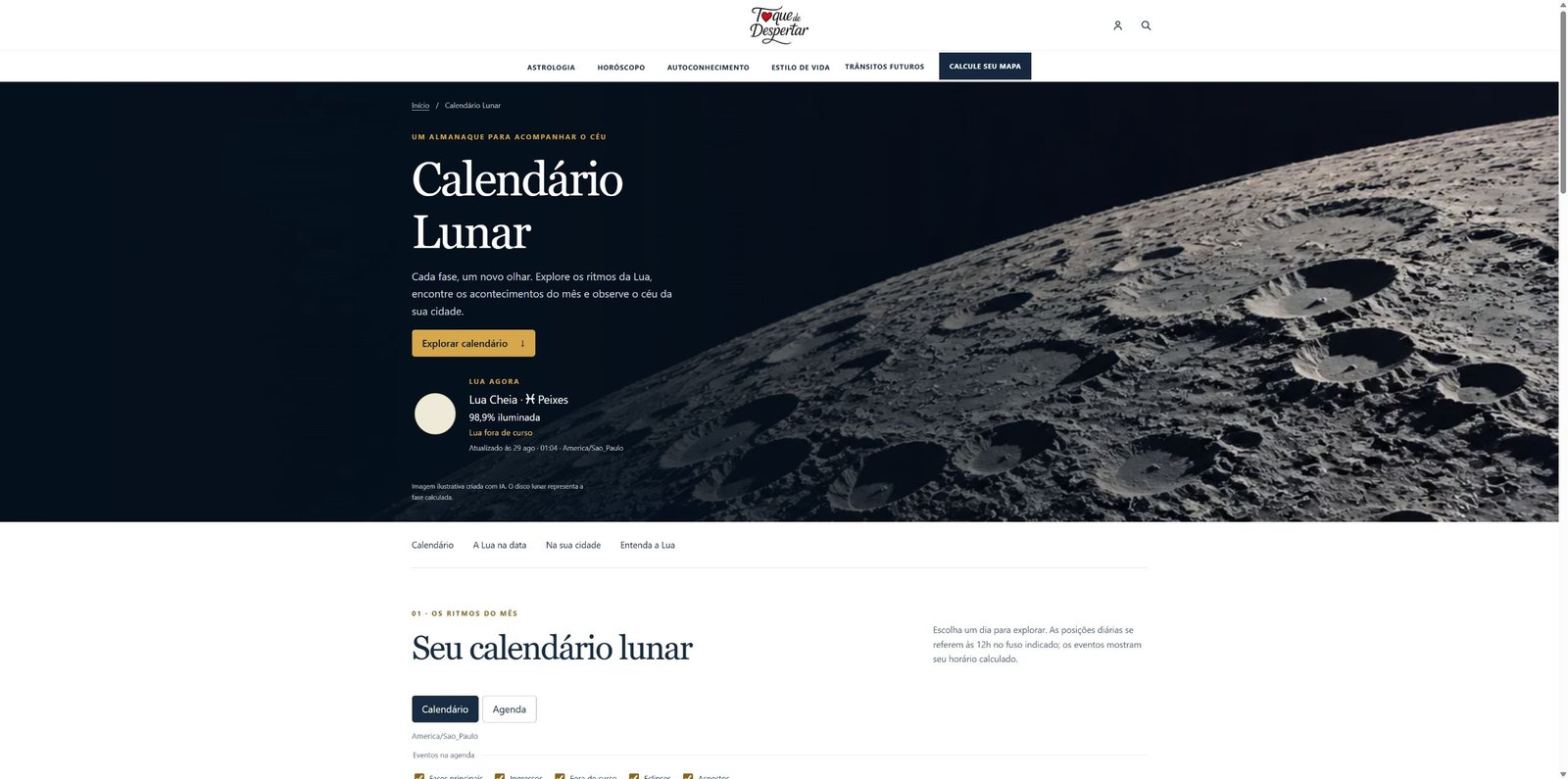 Página do Calendário Lunar com a Lua atual e os ritmos do mês