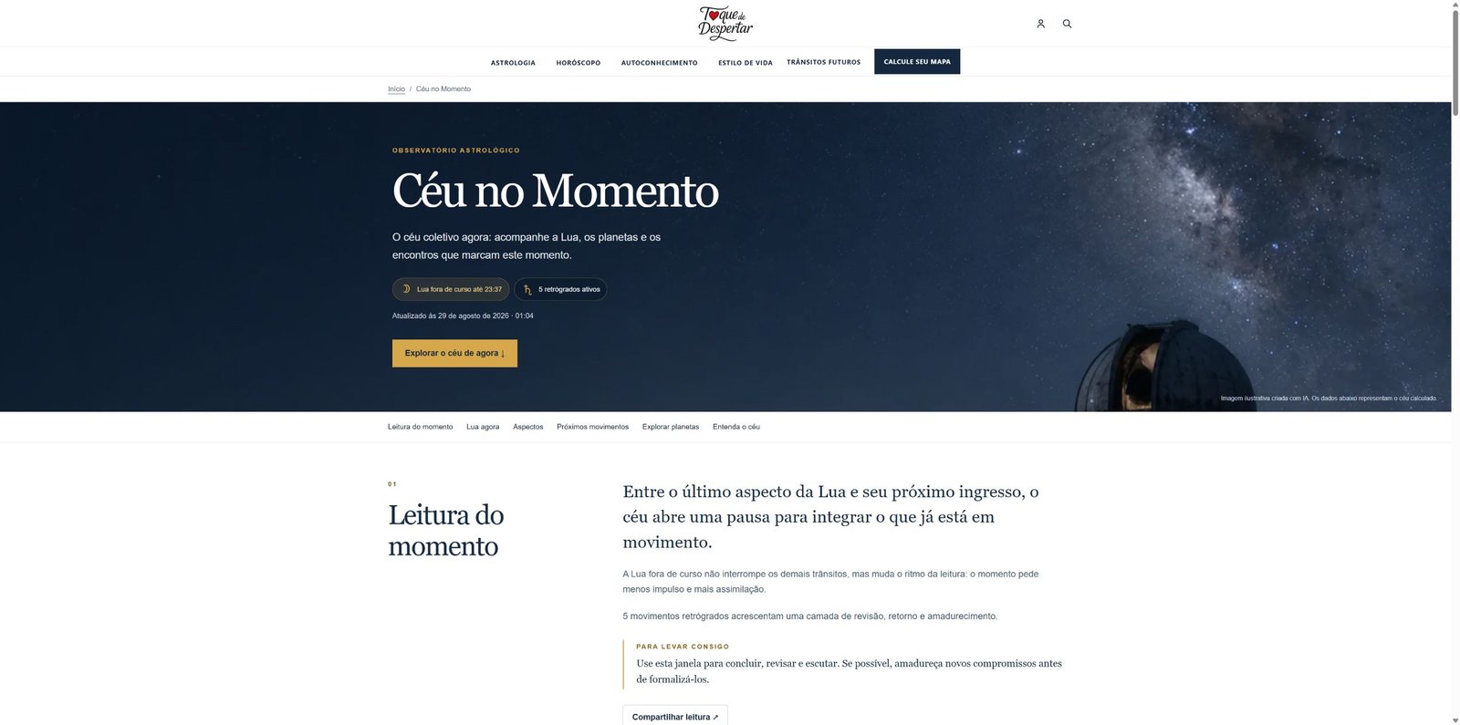 Nova página Céu no Momento com leitura dos movimentos astrológicos atuais