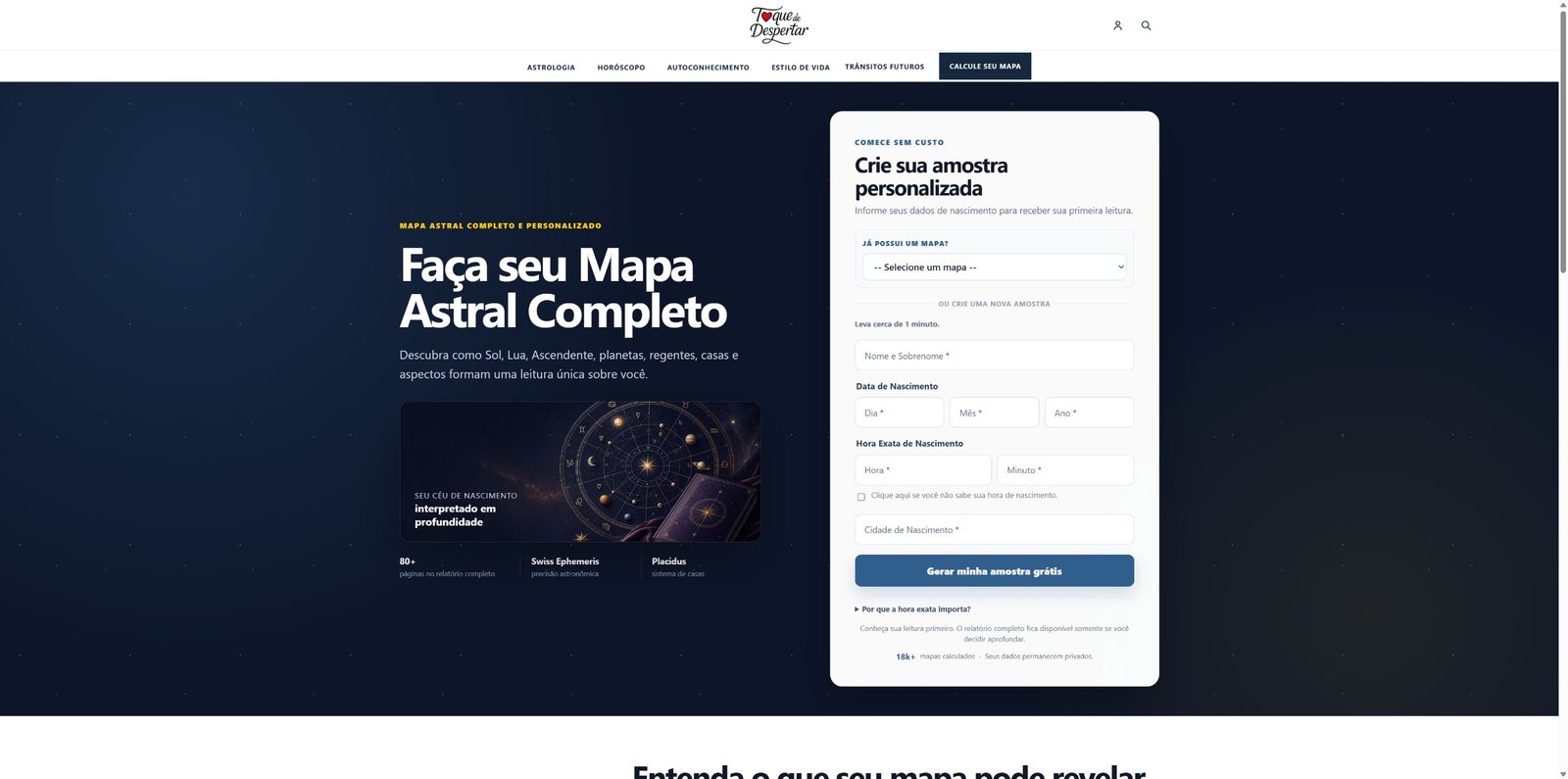 Nova página do Mapa Astral com formulário personalizado