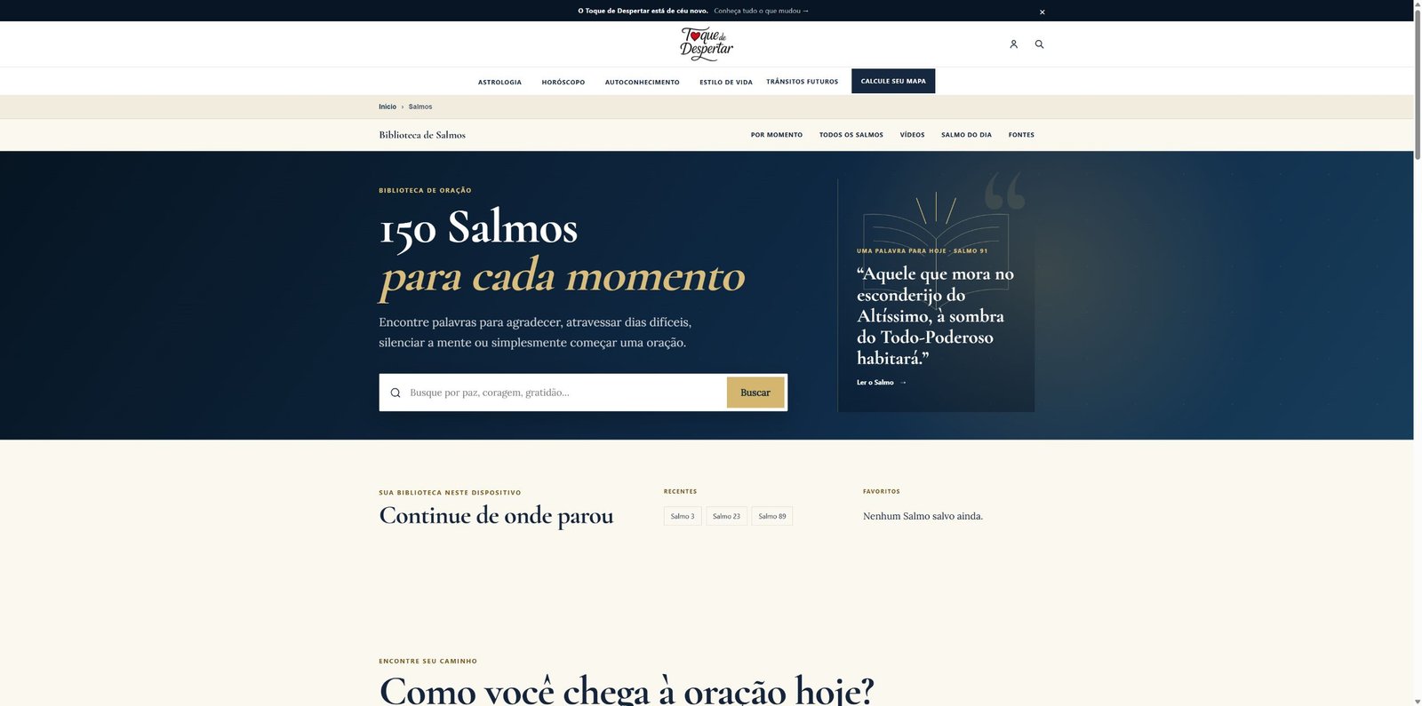 Biblioteca de Salmos com busca por momento e Salmo do dia